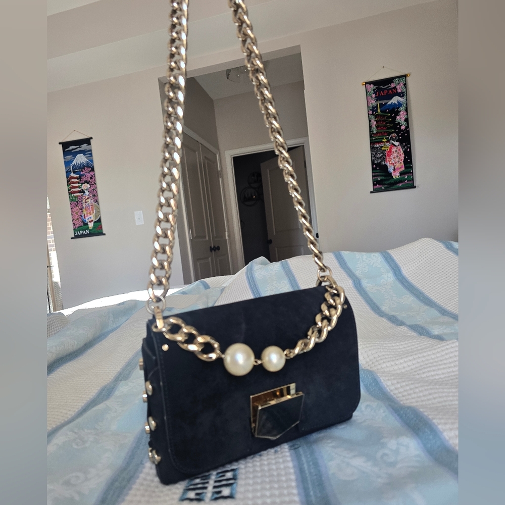 Elegant Jimmy Choo Black Suede Handbag Or Shoulder Bag with Gold Chain